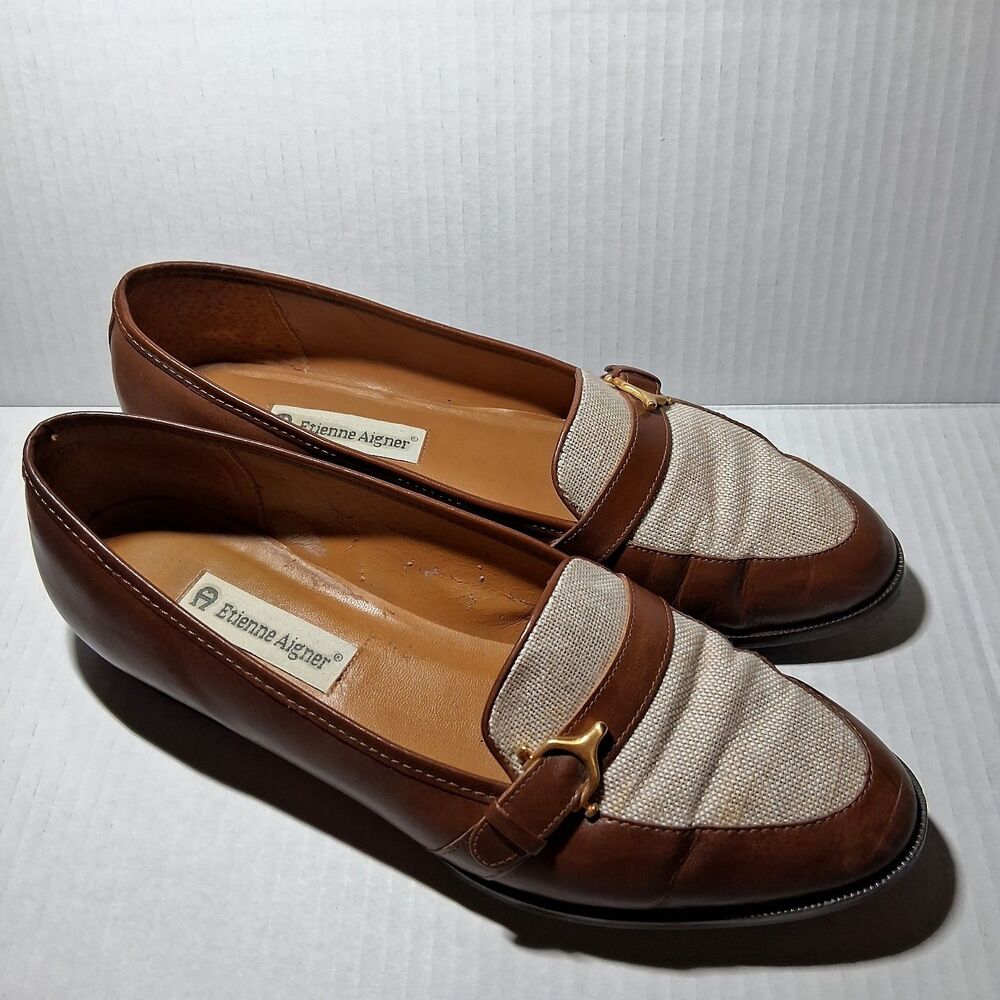 Etienne Aigner Tracy Loafers Leather Canvas Size 10M Old Money Preppy VTG
